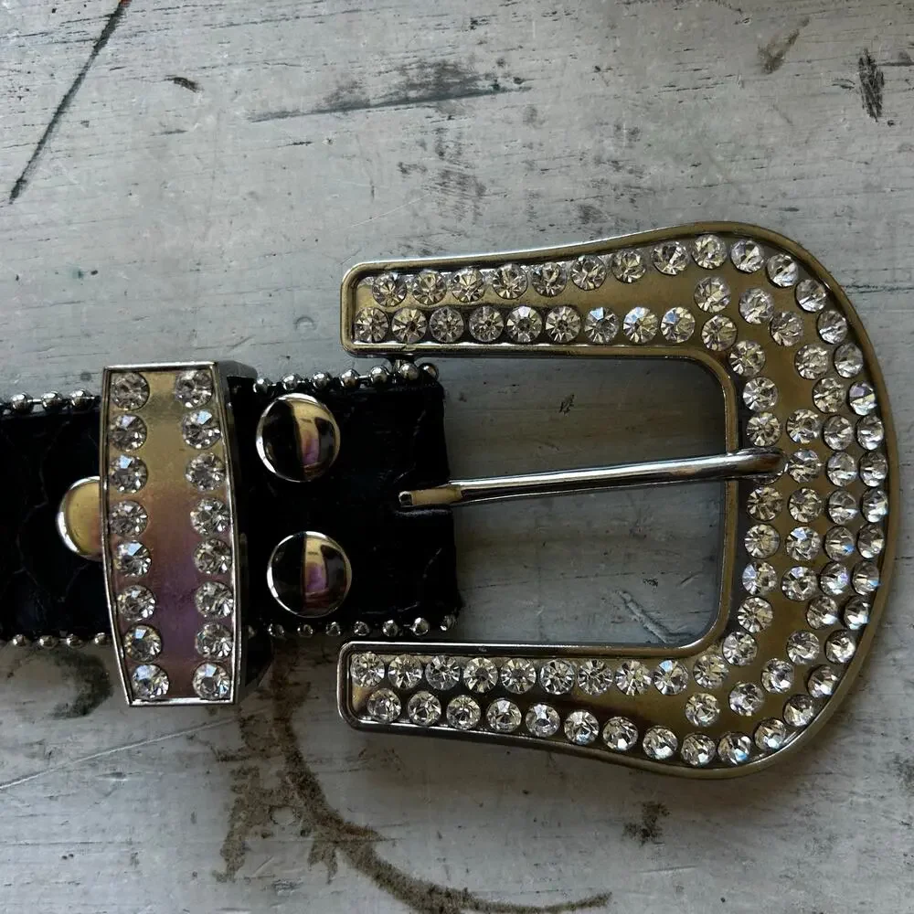 Vintage Rhinestone Studded Leather Bling Western Glam Statement Belt Y2K 34 - 36